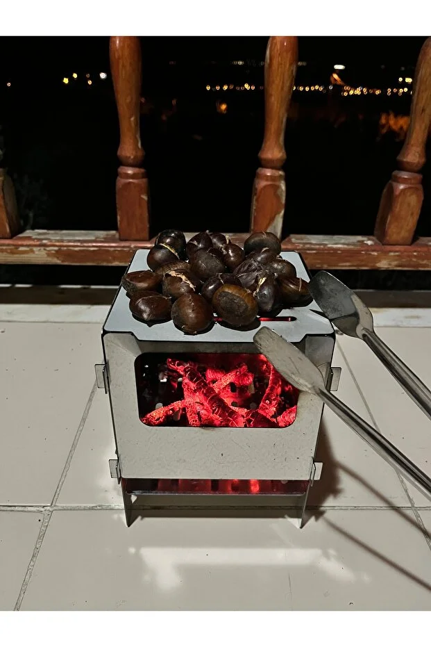 Large Ateş Kutusu / Portatif Katlanır Kamp Ocağı / Kül Tablalı & Çantalı (15x15x20 cm)